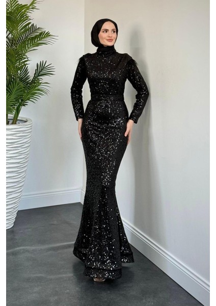 Lalin Payetli Balık Abiye Siyah