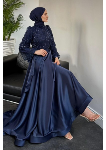 Elena Üstü Payetli Saten Abiye Lacivert