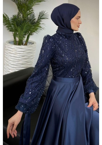 Elena Üstü Payetli Saten Abiye Lacivert fiyatları