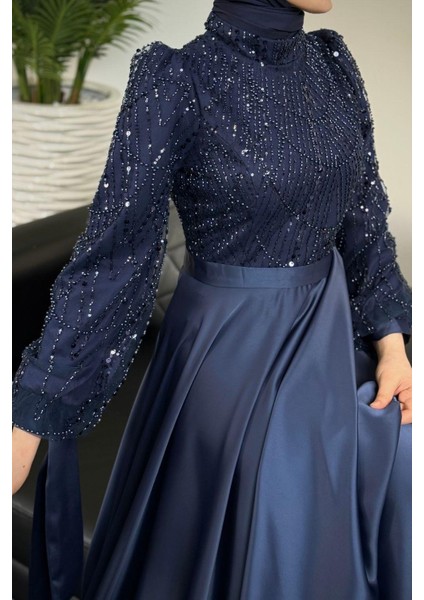 Elena Üstü Payetli Saten Abiye Lacivert modelleri