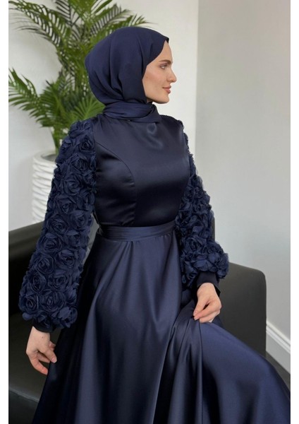 Fiona Kolları ve Alt Kısmı Gül Detay Saten Abiye Lacivert