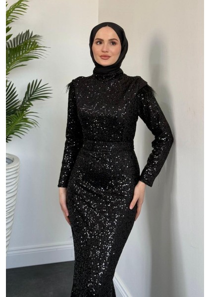 Lalin Payetli Balık Abiye Siyah modelleri