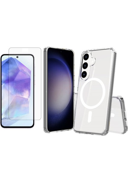 Samsung Galaxy S25 Kılıf Magsafe Şarj Özellikli Şeffaf Sert PC Zore Embos Kapak + Zore Nano Micro Temperli Ekran Koruyucu