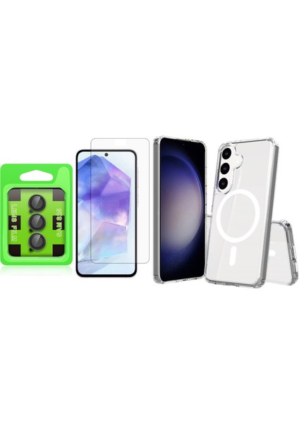 Galaxy S25 Kılıf Magsafe Şarj Özellikli Şeffaf Sert PC Zore Embos Kapak + Kamera Lens Koruyucu + Nano Ekran Koruyucu