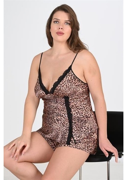 Büyük Beden Leopar Desenli Şort Takımı 1074HBCV00007YQG2C