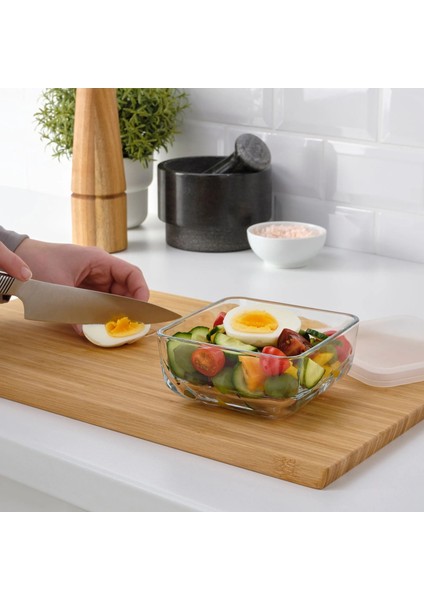 Plastik Kapaklı Cam Saklama Kabı 12X12X6 cm Saklama Şeffaf Kap Hacim: 0,5 Litre