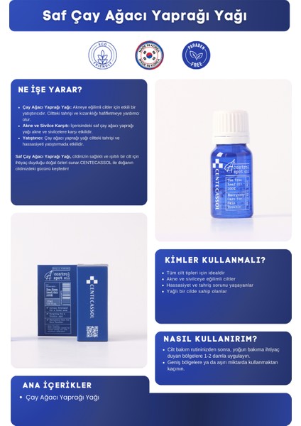 Akne Karşıtı, Yatıştırıcı, Nemlendirici, Onarıcı 100% Çay Ağacı Yaprağı Yağı