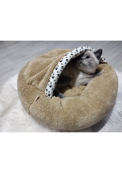 Pet Simit Mağara Yatak - Kedi, Küçük Irk Köpek Yatağı 45X45X16 cm Peluş Kumaş