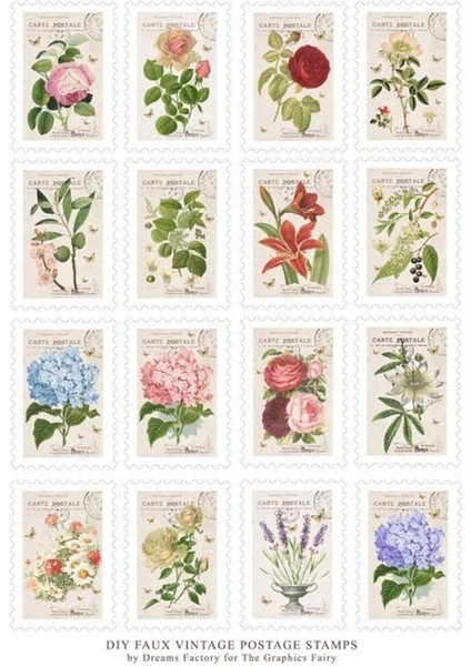 Nostaljik - Vintage Pul Tasarımlı 16'lı Çiçek Sticker Seti