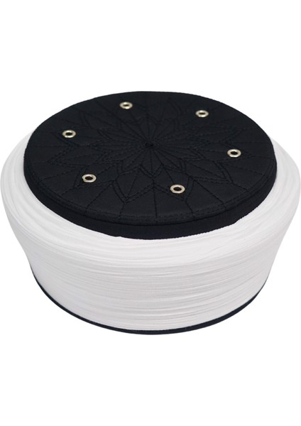 Talebe Sarığı-Beyaz Kumaş-Siyah Takke-Düz Sarım-Kuş Gözlü-5 Metre