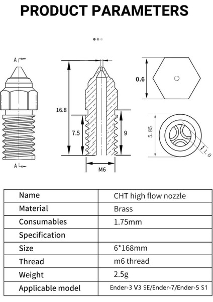 Creality Ender 3 V3 Se-Ender 7-Ender 5 S1 Sertleştirilmiş Cht Çelik Nozzle(0.2mm)