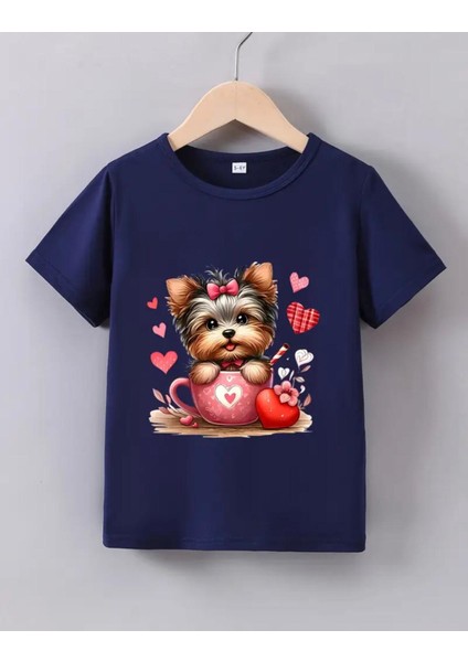 Punıx Kıds Özel Üretim Kalpli Köpek Baskılı Yeni Stil Kız Çocuk Ter Tutmayan Yazlık T-Shırt