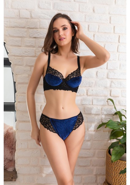 Kadife Sütyen ve Slip Külot Takım Lacivert (MGP32141)