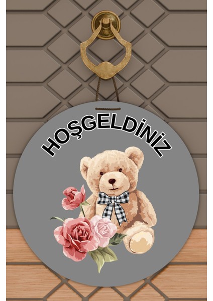Modern Kapı Süsü Gri Güllü Ayıcık Hoşgeldiniz Dış Mekan Kapı Süsü
