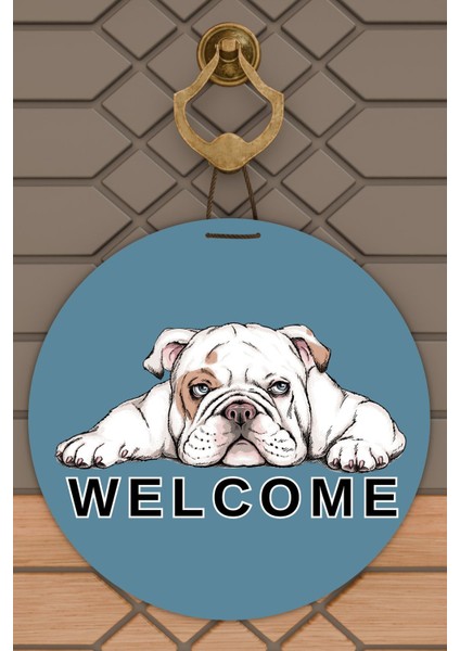 Modern Kapı Süsü Mavi Zemin Bulldog Welcome Dış Mekan Kapı Süsü