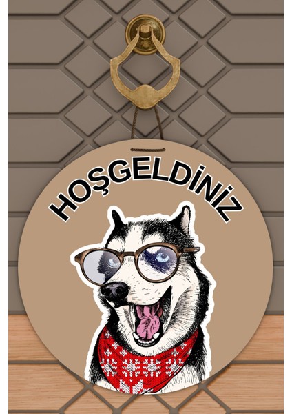 Modern Kapı Süsü Kahverengi Zemin Gözlüklü Köpek Dış Mekan Kapı Süsü