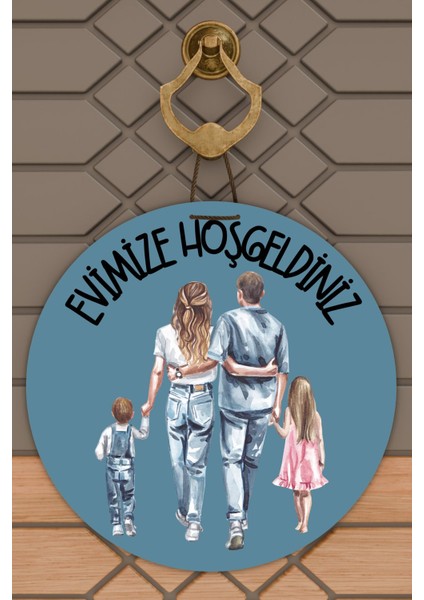 Modern Kapı Süsü Mavi Zemin Kız ve Erkek Çoçuk Aile Dış Mekan Kapı Süsü