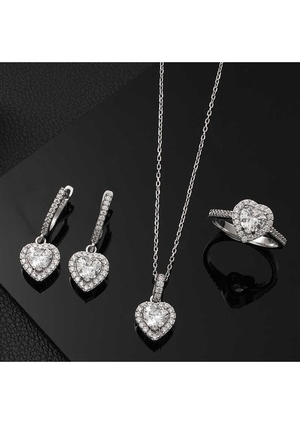 Gümüş Beyaz Taşlı Kalpli Kadın Set