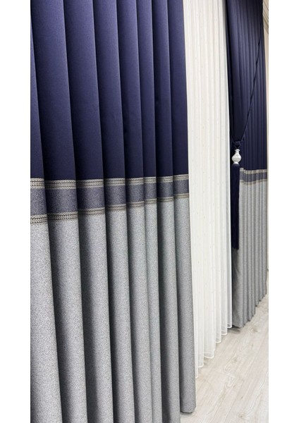 Pano fon perde şeritli lacivert gri (tek kanat) modelleri