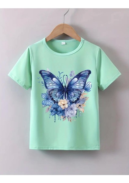 Punıx Kıds Özel Üretim Kelebek Baskılı Yeni Stil Kız Çocuk Ter Tutmayan Yazlık T-Hırt