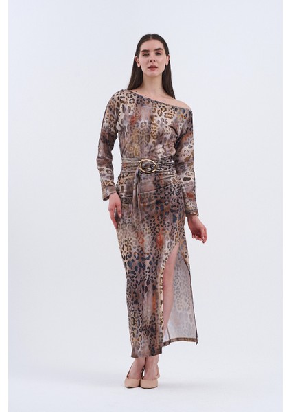 Trend Kadın Leopar Desenli Uzun Elbisemiz, indirimleri