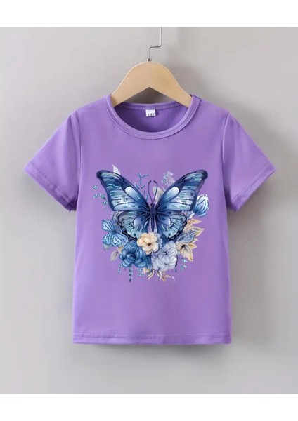 Punıx Kıds Özel Üretim Kelebek Baskılı Yeni Stil Kız Çocuk Ter Tutmayan Yazlık T-Shırt