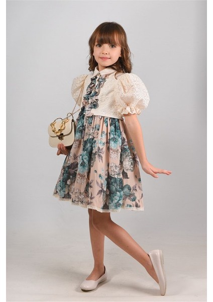 Özel Tasarım , Bolerolu, Çiçekli Iki Parça Kız Çocuk Elbisesi ,çanta Aksesuarlı Kız Çocuk Elbise,