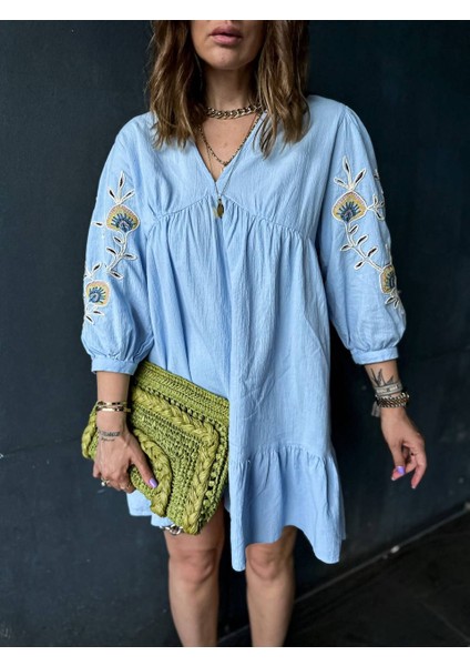 Kol Nakışlı Mavi Keten Elbise modelleri