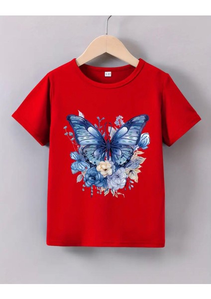 Punıx Kıds Özel Üretim Kelebek Baskılı Yeni Stil Kız Çocuk Ter Tutmayan Yazlık T-Shırt