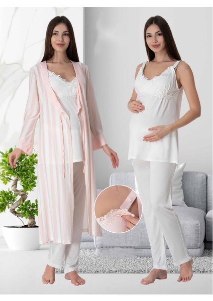 Dvina Effortt Lohusa Beyaz Çizgili Sabahlıklı Pijama Takımı Ekru-Pembe - 9034