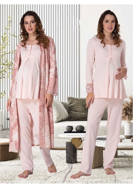 Dvina Effortt Lohusa Desenli Sabahlıklı Pijama Takımı Pembe - 9044