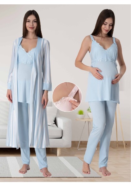 Dvina Effortt Lohusa Beyaz Çizgili Sabahlıklı Pijama Takımı Mavi - 9034