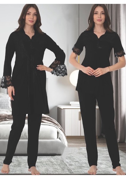 Dvina Effortt Lohusa Sabahlıklı Pijama Takımı Siyah - 9014
