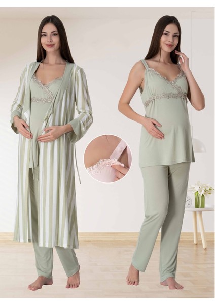 Dvina Effortt Lohusa Beyaz Çizgili Sabahlıklı Pijama Takımı Yeşil - 9034