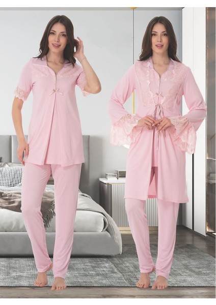 Dvina Effortt Lohusa Sabahlıklı Pijama Takımı Pembe - 9014