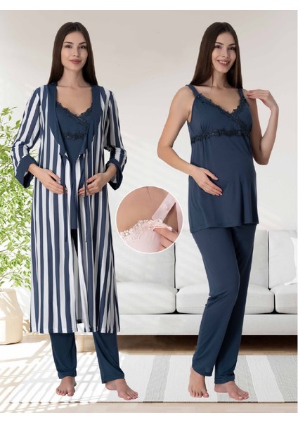 Dvina Effortt Lohusa Beyaz Çizgili Sabahlıklı Pijama Takımı Lacivert - 9034