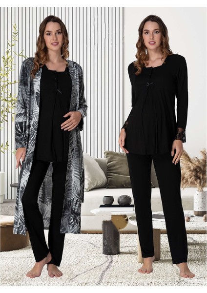 Dvina Effortt Lohusa Desenli Sabahlıklı Pijama Takımı Siyah - 9044