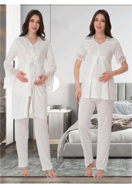 Dvina Effortt Lohusa Sabahlıklı Pijama Takımı Ekru - 9014