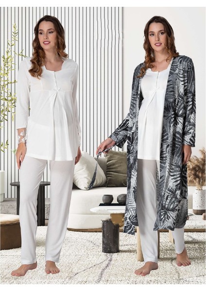 Dvina Effortt Lohusa Desenli Sabahlıklı Pijama Takımı Ekru - 9044