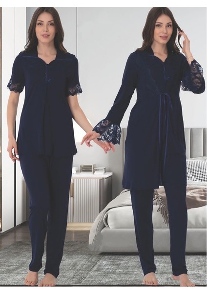 Dvina Effortt Lohusa Sabahlıklı Pijama Takımı Lacivert - 9014