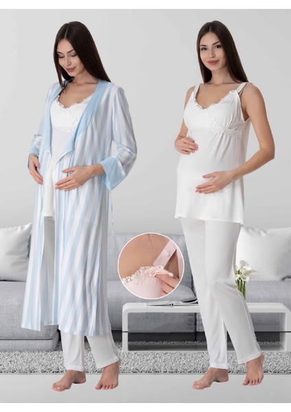 Dvina Effortt Lohusa Beyaz Çizgili Sabahlıklı Pijama Takımı Ekru-Mavi - 9034
