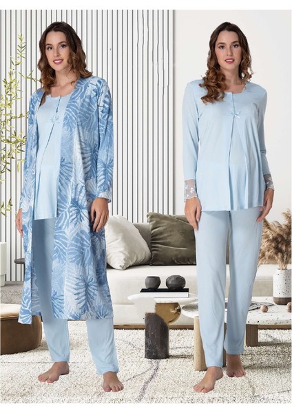 Dvina Effortt Lohusa Desenli Sabahlıklı Pijama Takımı Mavi - 9044