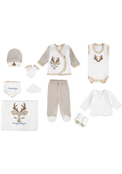Unısex Bebek Yeni Doğan Organic 10'lu Hastane Çıkış Zıbın Seti Kabartma Geyik Desenli