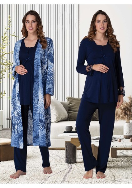 Dvina Effortt Lohusa Desenli Sabahlıklı Pijama Takımı Lacivert - 9044