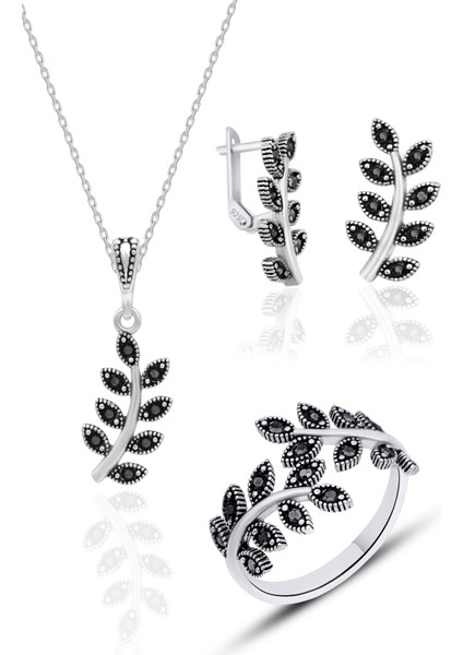 Gümüş Markazit Set Yaprak Modeli Gümüş Üçlü Set 925 Ayar ST128