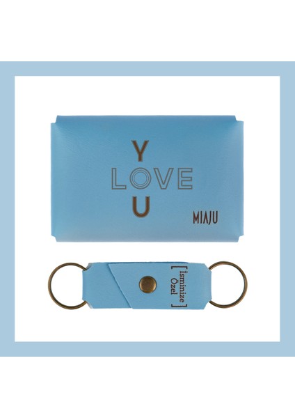Açık Mavi, I Love You Motifli, Isme Özel Cüzdan ve Anahtarlık Set, Arkadaşa Unutulmaz Hediye