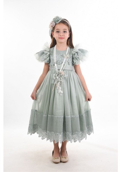 Özel Tasarım Kız Çocuk Abiye Elbise ,saç Aksesuarlı Kız Çocuk Elbise, Doğum Günü Elbisesi