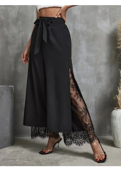 Kadın Yüksek Bel Belden Kuşaklı Üst Dalgıç Alt Dantel Detaylı Dalgıç Pantolon Takım