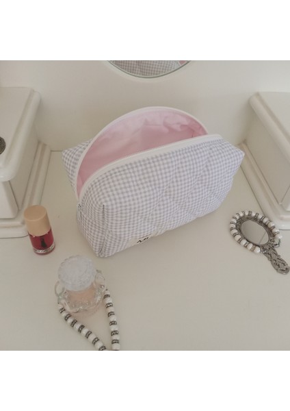 Krem Çizgili Makyaj Çantası- Büyük Boy