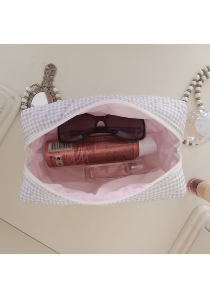 Krem Çizgili Makyaj Çantası- Büyük Boy fiyatları
